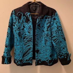 Samuel Dong blazer. Black ground with turquoise swirl patterns. Size M.